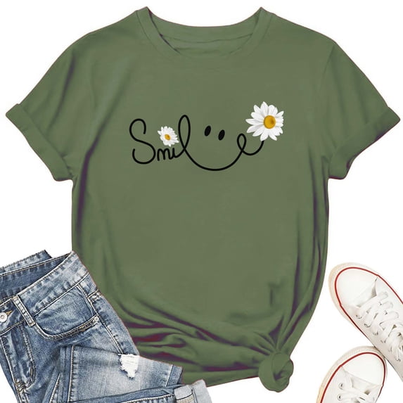 Women's T-Shirt Daisy Smile Face Tee Funny Graphic T-Shirt Soft Cotton Casual Short Sleeve Top