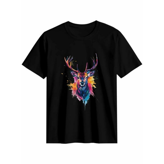 Women's T-Shirt Deer Head Colorful Splash Short Sleeve Casual Tee Classic Crew Neck T Shirt for Women Black, M