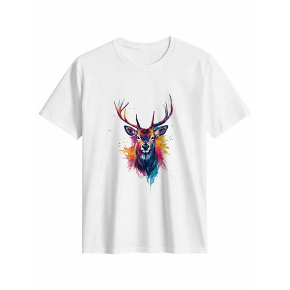 Women's T-Shirt Deer Head Colorful Splash Short Sleeve Casual Tee Classic Crew Neck T Shirt for Women White, L