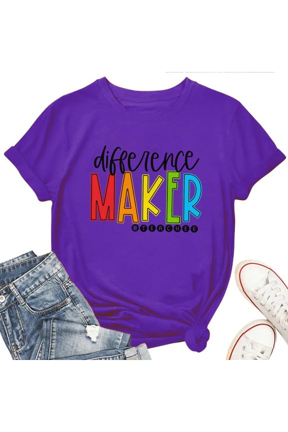 Women's T-Shirt Difference Maker Teacher Tee Funny Graphic T-Shirt Soft Cotton Casual Short Sleeve Top