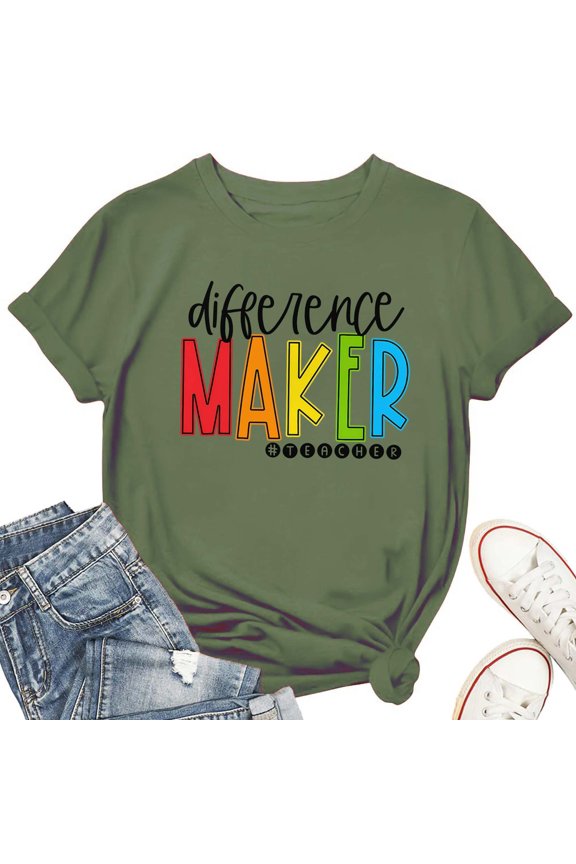 Women's T-Shirt Difference Maker Teacher Tee Funny Graphic T-Shirt Soft Cotton Casual Short Sleeve Top