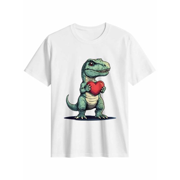 Women's T-Shirt Dinosaur Red Love Short Sleeve Casual Tee Classic Crew Neck T Shirt for Women White, M