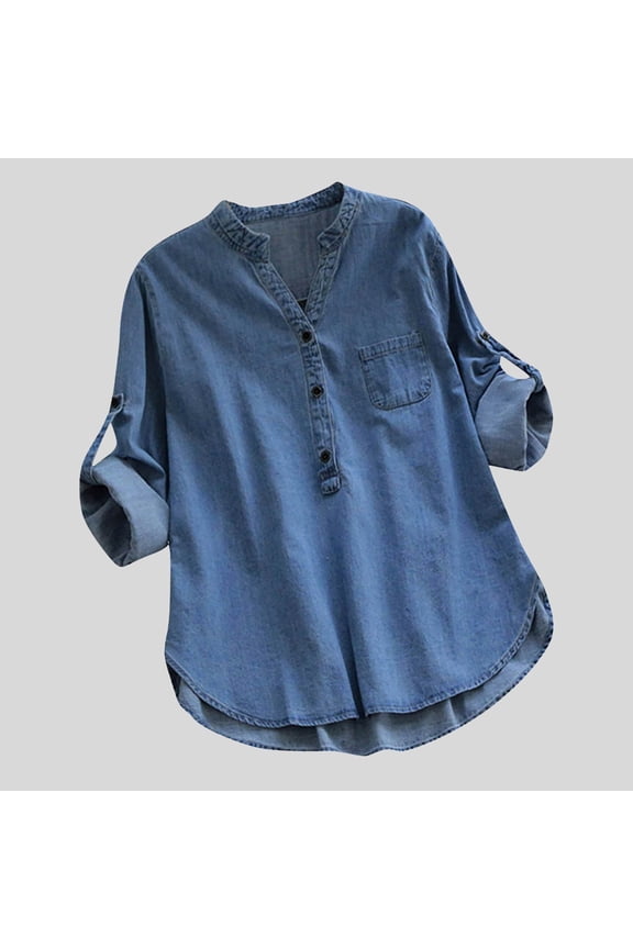 Women's T-Shirt,Distressed Wash Denim Shirt, Stand Collar V-Neck Asymmetric Hem Long Sleeve Casual Top, Vintage Oversized Boyfriend Shirt for Spring Fall(Blue,XL)