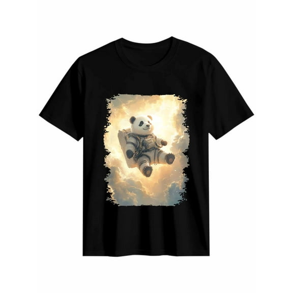Women's T-Shirt Dreamlike Sky Clouds Panda Short Sleeve Casual Tee Classic Crew Neck T Shirt for Women Black, 2XL