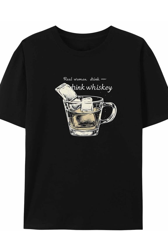 Women's T-Shirt Drink Whiskey Ice Cubes Short Sleeve Casual Tee Classic Crew Neck T Shirt for Women Black, L