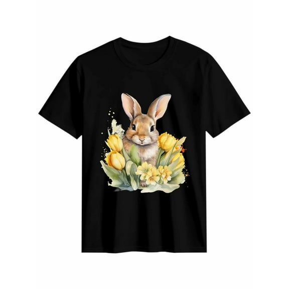Women's T-Shirt Easter Rabbit Tulip Short Sleeve Casual Tee Classic Crew Neck T Shirt for Women Black, L