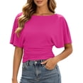 thumbnail image 1 of Women's T Shirt Elegant Solid Color Tees Batwing Sleeve Solid Color Round Neck T Shirt For Casual Everyday Wear Trendy Tops, 1 of 5
