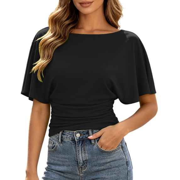 Women's T Shirt Elegant Solid Color Tees Batwing Sleeve Solid Color Round Neck T Shirt For Casual Everyday Wear Trendy Tops