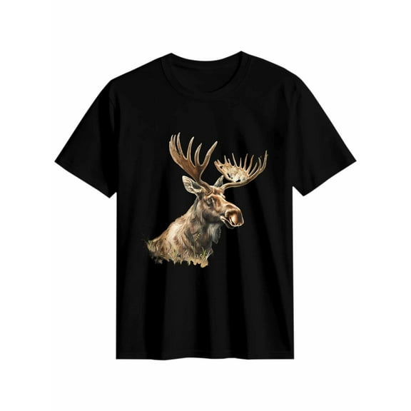 Women's T-Shirt Elk Animal Cartoon Short Sleeve Casual Tee Classic Crew Neck T Shirt for Women Black, M
