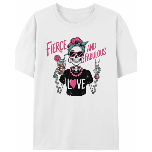 Women's T-Shirt Fierce and Fabulous Pink Skeleton Milk Tea Short Sleeve Casual Tee Classic Crew Neck T Shirt for Women White, XL