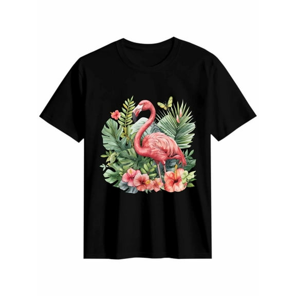 Women's T-Shirt Flamingo Tropical Plants Short Sleeve Casual Tee Classic Crew Neck T Shirt for Women Black, M