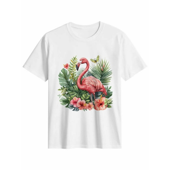 Women's T-Shirt Flamingo Tropical Plants Short Sleeve Casual Tee Classic Crew Neck T Shirt for Women White, L