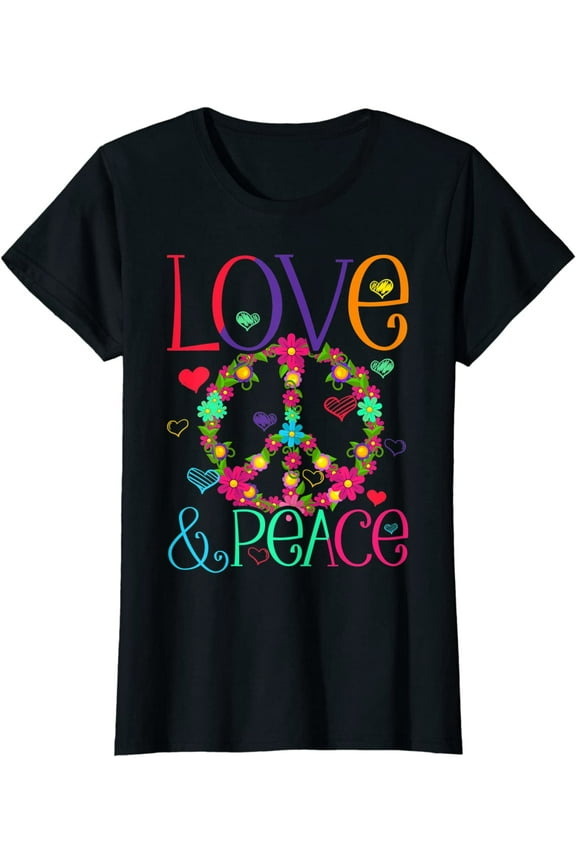 Women's T-Shirt Flower Power Hippie Costume Love Peace Shirt 60s 70s Retro Top Black Large