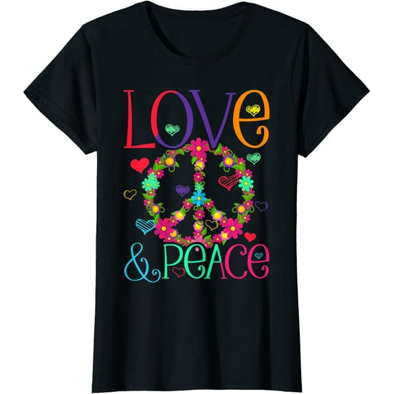 Women's T-Shirt Flower Power Hippie Costume Love Peace Shirt 60s 70s Retro Top Black Medium