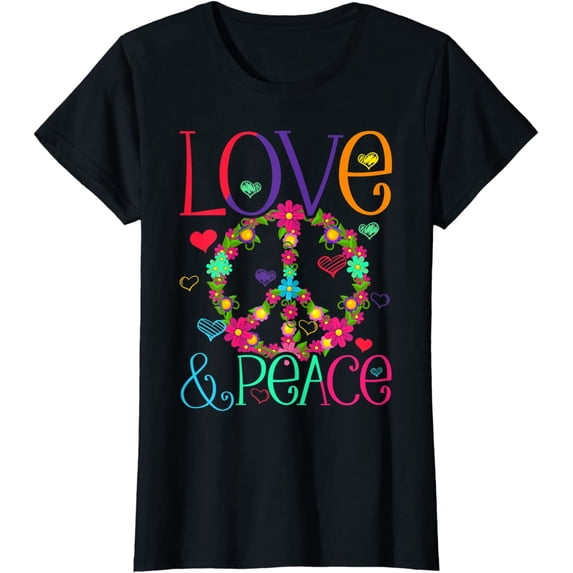 Women's T-Shirt Flower Power Hippie Costume Love Peace Shirt 60s 70s Retro Top Black Small