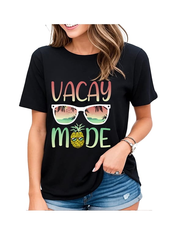 Women's T-Shirt Funny Pineapple with Sunglasses in Vacay Mode Casual Short Sleeve Tops Black Small