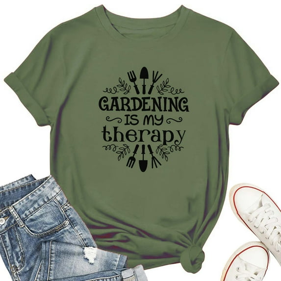 Women's T-Shirt Gardening Is My Therapy Tee Funny Graphic Farmer T-Shirt Soft Cotton Casual Short Sleeve Top