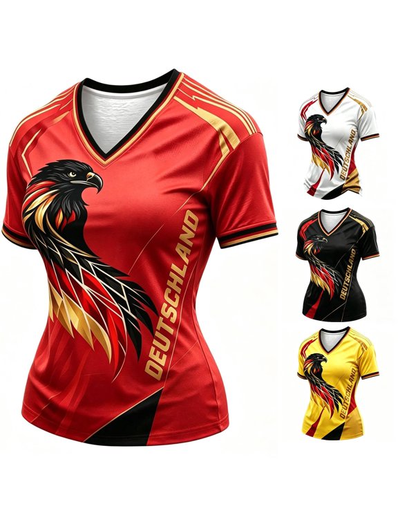 Women's T-Shirt Germany Eagle Pattern DEUTSCHLAND Letter V-Neck Short Sleeve Tee Sports Streetwear Fan Casual Top