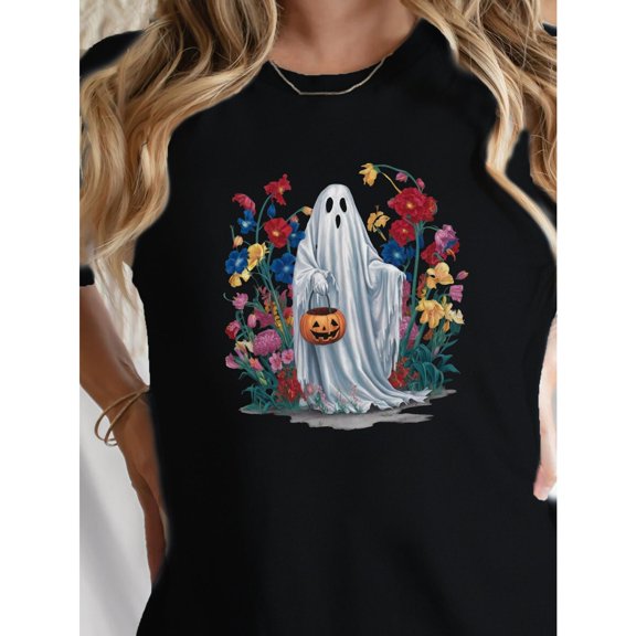 Women's T-Shirt，Ghost Pumpkin Graphic Tee,Colored printing，Comfort Fit，Causal Short Sleeve Tops，Funny，cotton，black，S-5XL