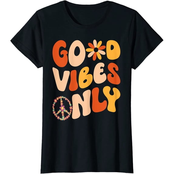 Women's T-Shirt Good Vibes Only Peace Sign Flowers Love Casual Short Sleeve Tops Black Medium