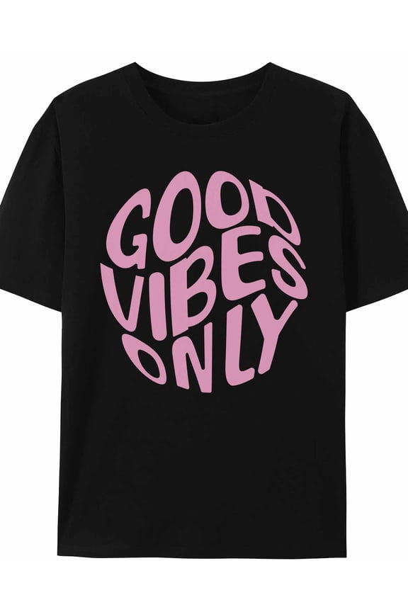 Women's T-Shirt Good Vibes Only Pink Minimalist Short Sleeve Casual Tee Classic Crew Neck T Shirt for Women Black, M