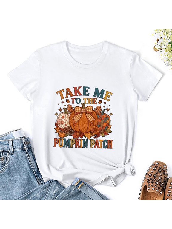 Women’s T-Shirt, Gradient Font Buffalo Plaid Bow Floral Patchwork Pumpkin Vintage Farmhouse Fall Short Sleeve Tee for Pumpkin Farm Trip, Halloween Festival & Casual Autumn Harvest