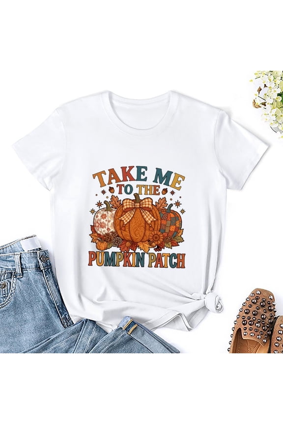 Women’s T-Shirt, Gradient Font Buffalo Plaid Bow Floral Patchwork Pumpkin Vintage Farmhouse Fall Short Sleeve Tee for Pumpkin Farm Trip, Halloween Festival & Casual Autumn Harvest