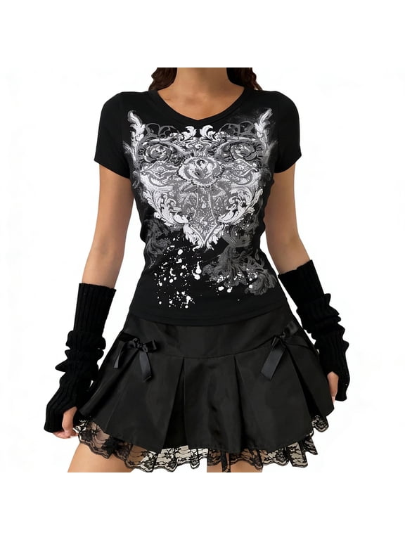 Women's T-Shirt Grunge Indie Vintage Graphic Emo Short Sleeve Fitted Tee Y2K 2000s Alternative Streetwear Top