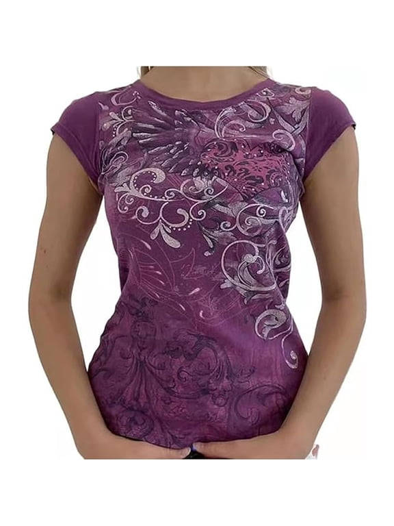 Women's T-Shirt Grunge Mcbling Gothic Vintage Graphic Emo Cap Sleeve Slim Tee Y2K 2000s Scene Streetwear Top