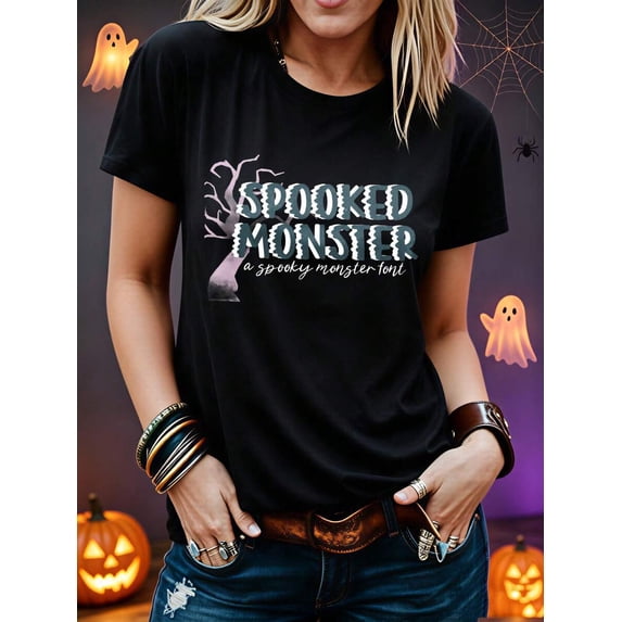 Women's T‑Shirt, Halloween Costume, Casual Gothic Style, Spooked Monster Text Design, Party Wear