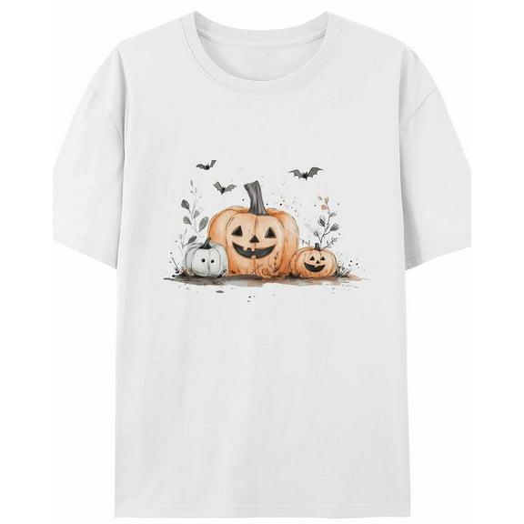 Women's T-Shirt Halloween Jacko Pumpkins Bat Leaves Short Sleeve Casual Tee Classic Crew Neck T Shirt for Women White, S