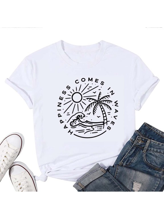 Women's T-Shirt Happiness Comes In Waves Tee Funny Graphic T-Shirt Soft Cotton Casual Short Sleeve Top
