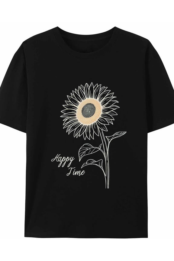 Women's T-Shirt Happy Time Minimalist Style Line Sunflower Short Sleeve Casual Tee Classic Crew Neck T Shirt for Women Black, 2XL