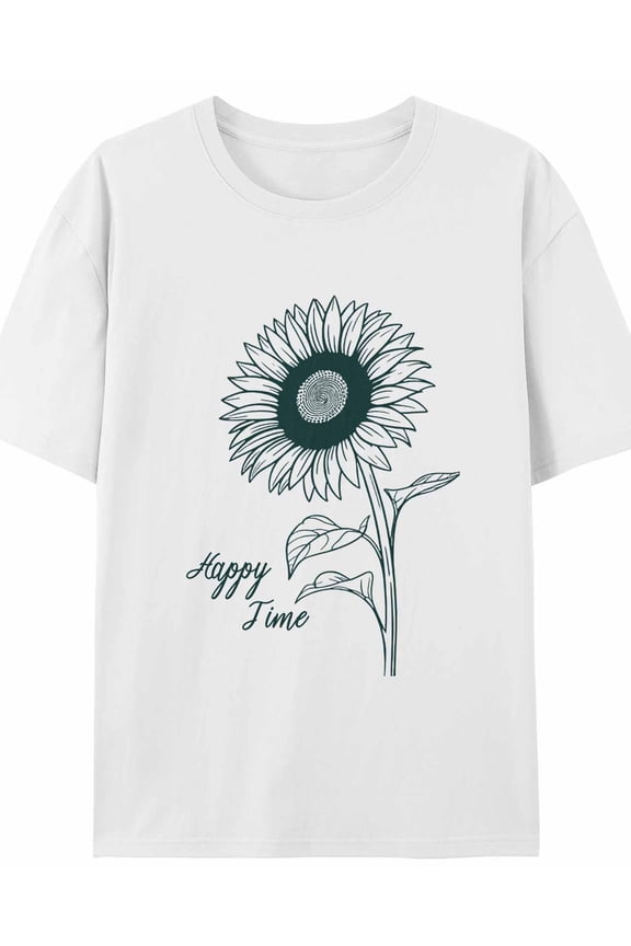 Women's T-Shirt Happy Time Minimalist Style Line Sunflower Short Sleeve Casual Tee Classic Crew Neck T Shirt for Women White, M