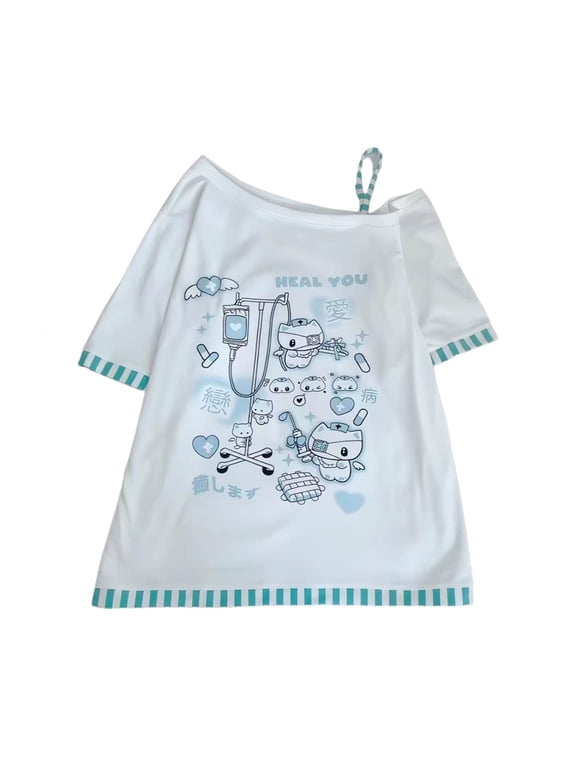 Women's T-Shirt Harajuku Cutecore Cartoon Cat Graphic Boat Neck Short Sleeve Y2K Oversized Tee Casual Top