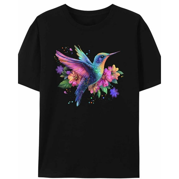 Women's T-Shirt Hummingbird Flowers Colorful Animal Short Sleeve Casual Tee Classic Crew Neck T Shirt for Women Black, XL