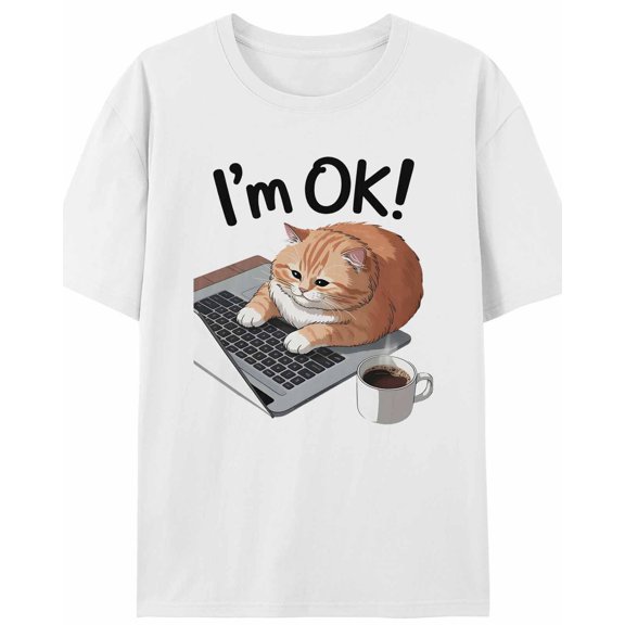 Women's T-Shirt I'm OK Lazy Orange Cat and Notebook Short Sleeve Casual Tee Classic Crew Neck T Shirt for Women White, XL