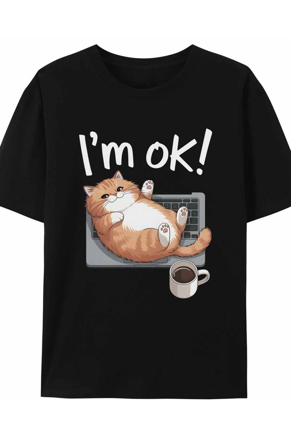 Women's T-Shirt I'm OK Orange Cat on Notebook Short Sleeve Casual Tee Classic Crew Neck T Shirt for Women Black, M