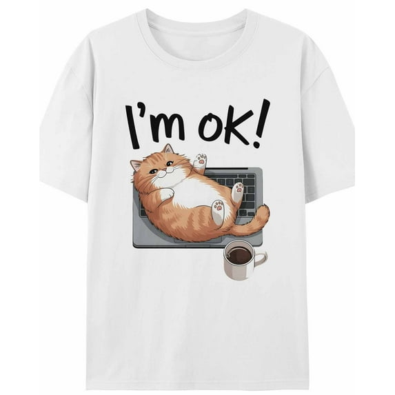 Women's T-Shirt I'm OK Orange Cat on Notebook Short Sleeve Casual Tee Classic Crew Neck T Shirt for Women White, 3XL