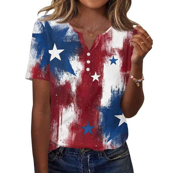 Women's T Shirt Independence Day Print Button Short Sleeve Daily Weekend Fashion Basic V- Neck Regular Top