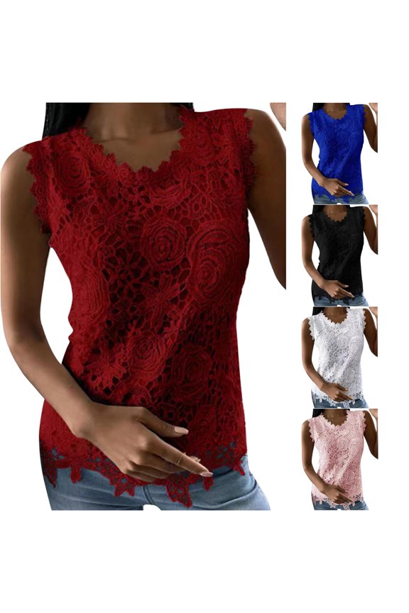 Women's T Shirt Lace Double Baggy Crew Neck Lace Vest Top for Women Stylish Casual Knit Tee from Women's T-Shirts Red M