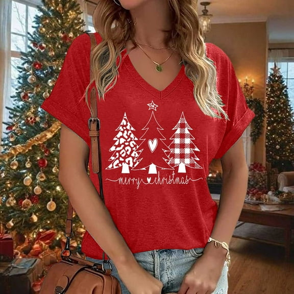 Women's T Shirt Ladies Fashion Christmas Print Loose V Neck Casual Short Sleeve for Daily Life