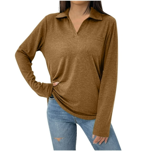 Women's T Shirt Long Sleeve Loose Fit Casual Top Solid Color Flip Pocket Comfortable Soft Fabric Spring Autumn Fashion