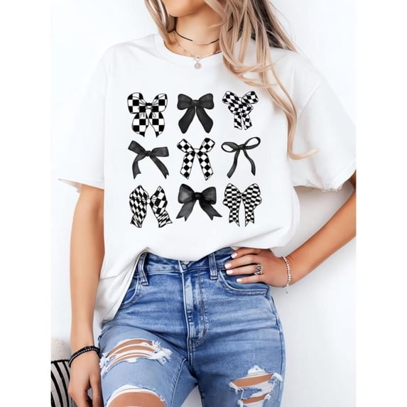 Women's T-Shirt, Loose Fit Graphic Tee, Casual Short Sleeve Top with Stylish Bow Print,Round neck,Classic,cotton,white,S-5XL