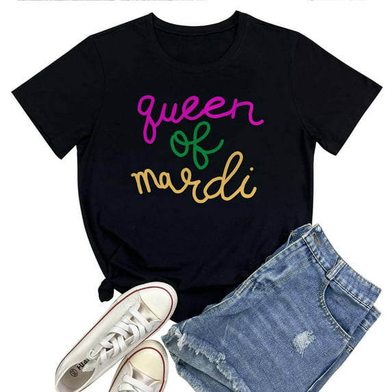 Women's T-Shirt Mardi Gras Queen Tee Funny Graphic T-Shirt Soft Cotton Casual Short Sleeve Top