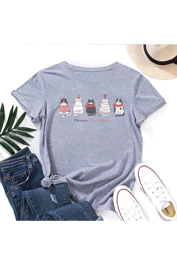 Women's T-Shirt Meowy Christmas Tee Funny Happy Cat Year T-Shirt Soft Cotton Casual Short Sleeve Top