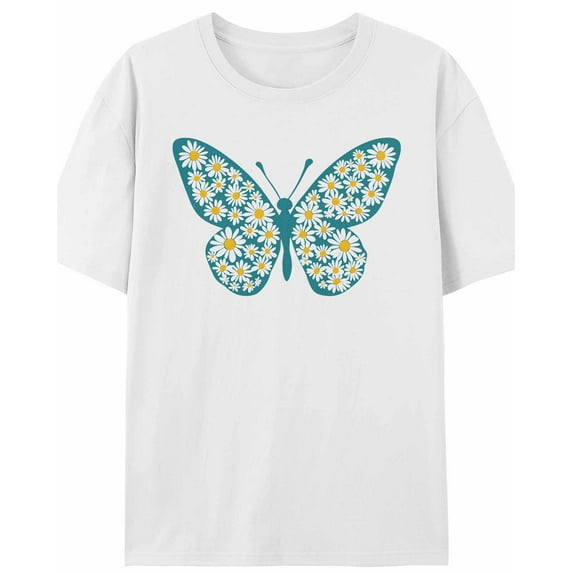 Women's T-Shirt Modern Art Butterfly Daisy Teal White Short Sleeve Casual Tee Classic Crew Neck T Shirt for Women White, XL