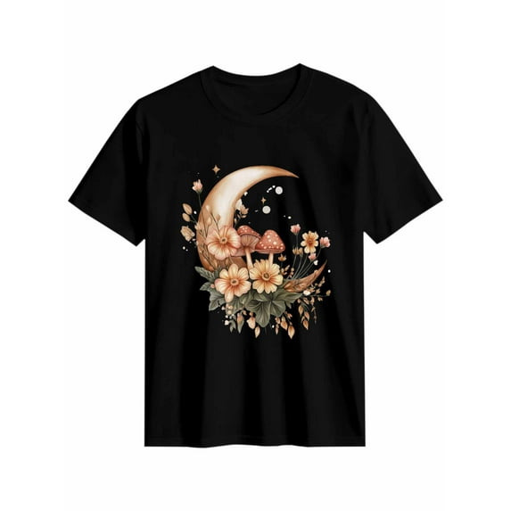 Women's T-Shirt Moon Mushrooms Flowers Short Sleeve Casual Tee Classic Crew Neck T Shirt for Women Black, M