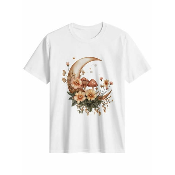 Women's T-Shirt Moon Mushrooms Flowers Short Sleeve Casual Tee Classic Crew Neck T Shirt for Women White, 5XL
