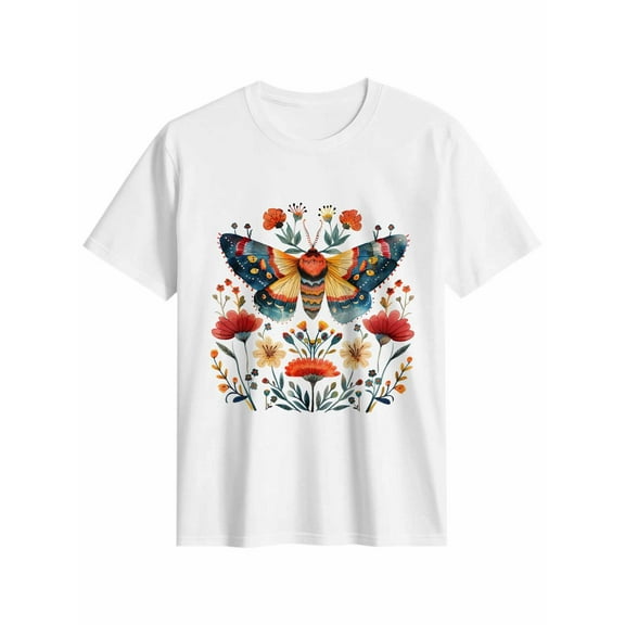 Women's T-Shirt Moths Flowers Short Sleeve Casual Tee Classic Crew Neck T Shirt for Women White, XL